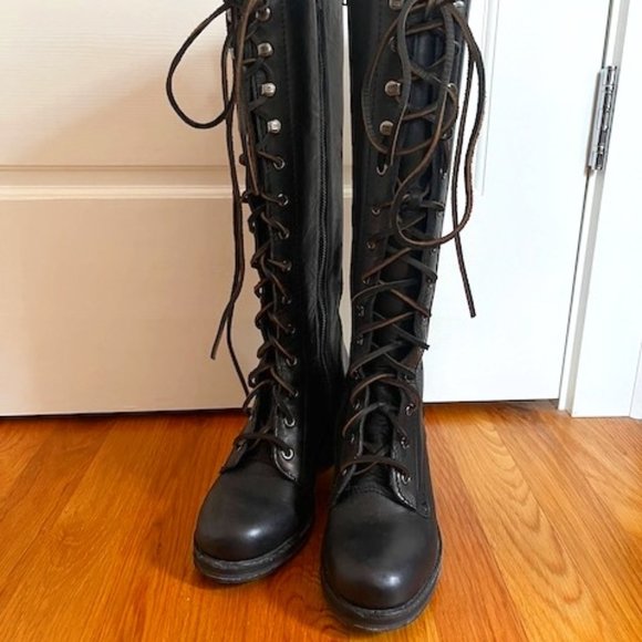 Frye Shoes - Frye Lace Up Tall Black Leather Combat Boots - 5.5